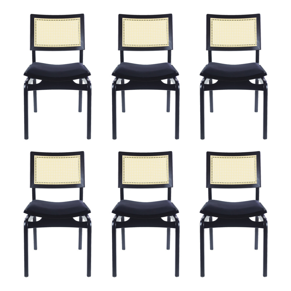Conjunto 6 Cadeiras de Jantar de Madeira Preto Encosto Palhinha