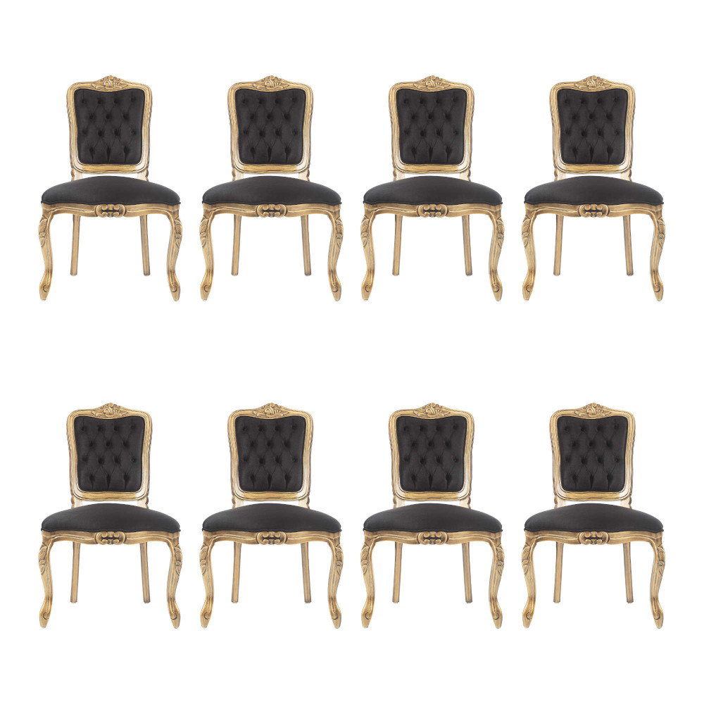 Conjunto 8 Cadeiras Luis Xv Dourado Envelhecido Estofada Veludo