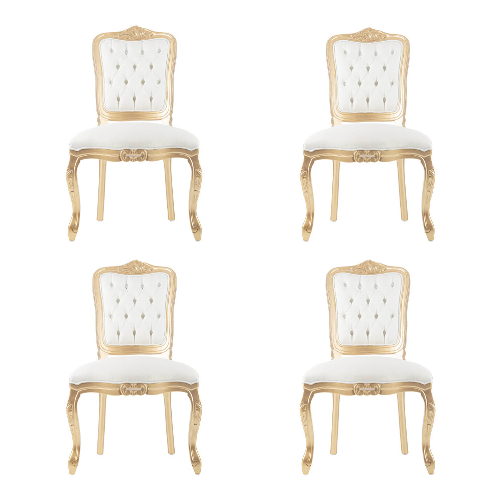 Conjunto 4 Cadeiras Luis Xv Cor Dourado e Tecido Branco Klimt 09