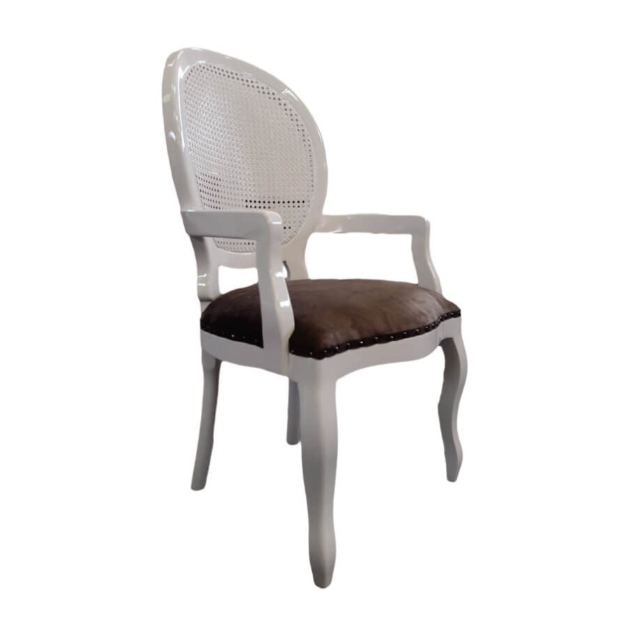 Cadeira com Braço Medalhão Branco Brilho Encosto Palha Assento Tecido Couro Ecológico Marrom Cr 03