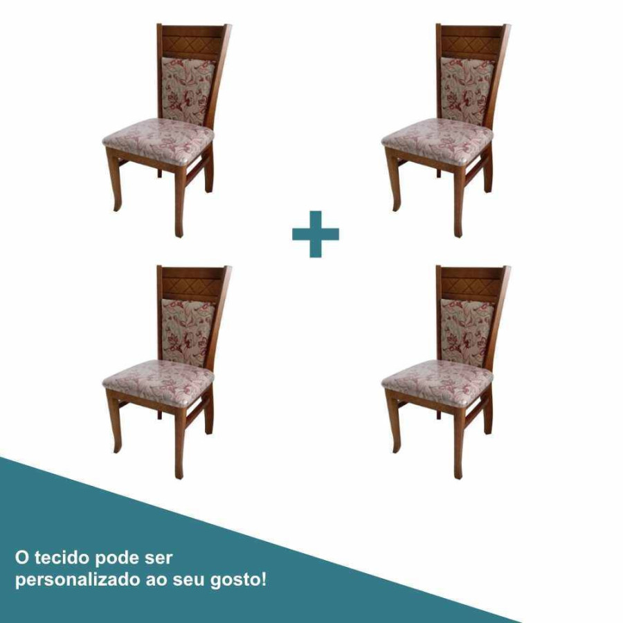 Kit 4 Cadeiras de Jantar de Madeira Imbuia Assento Tecido Floral Estofado Encosto Lia