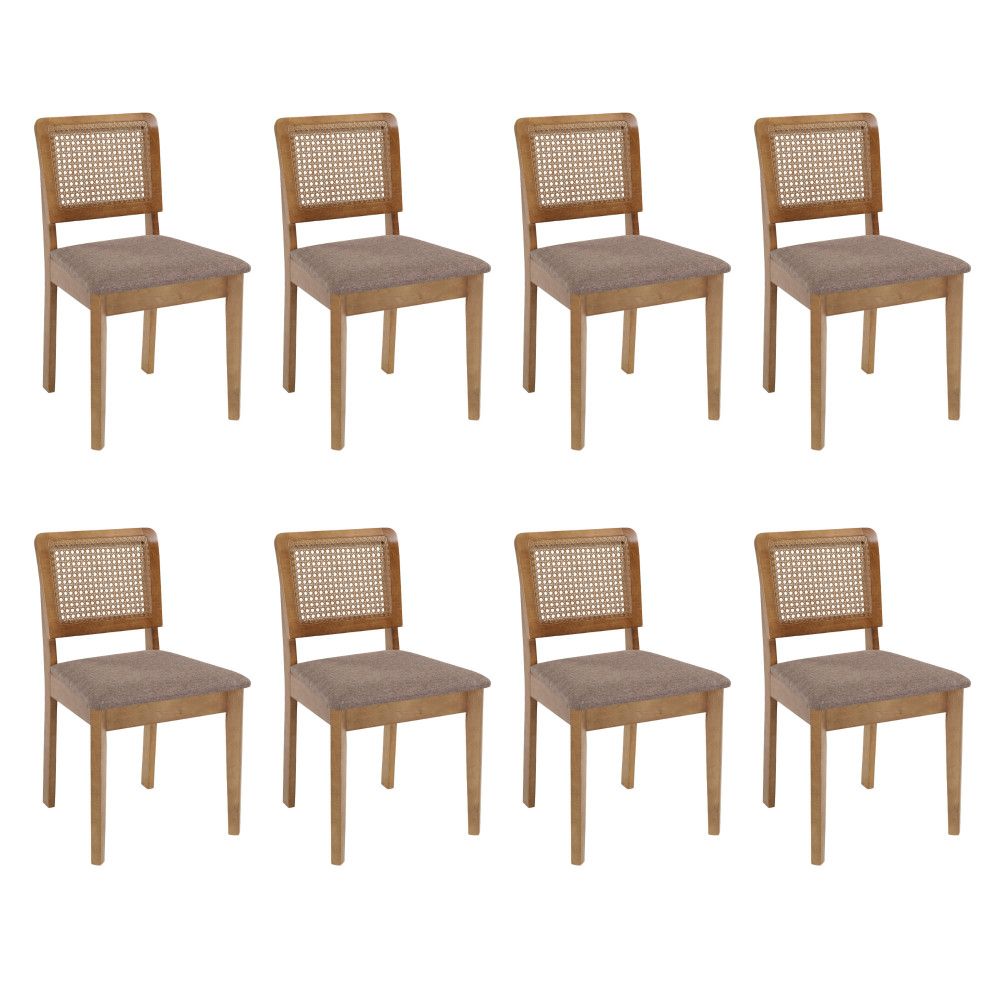 Conjunto 8 Cadeiras de Jantar Cor Amêndoa Assento Estofado Marrom