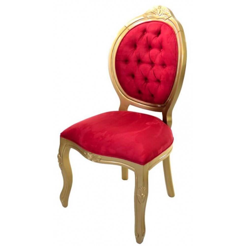 Cadeira Estofada Medalhão Dourado Fosco Entalhado Veludo Vermelho