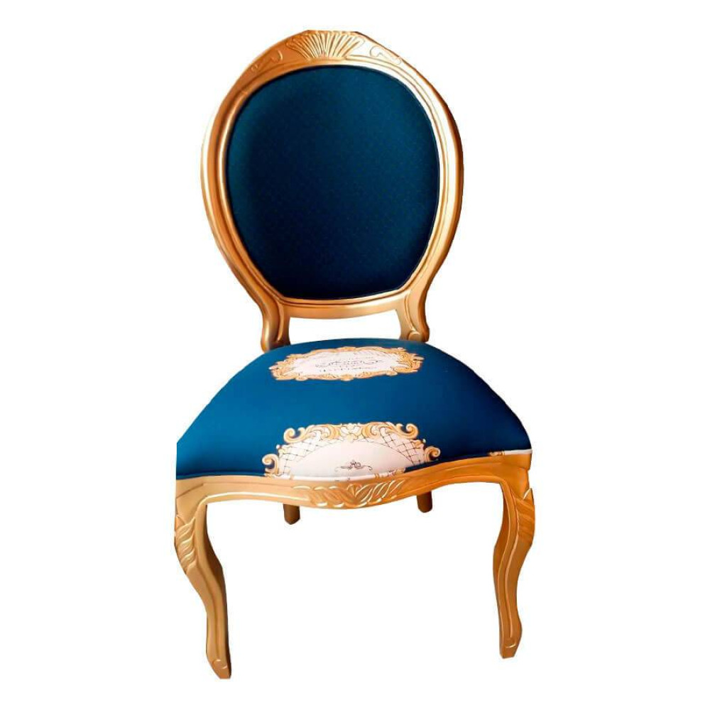 Cadeira Medalhão Mel Fosco Tecido Azul Escuro Estampado