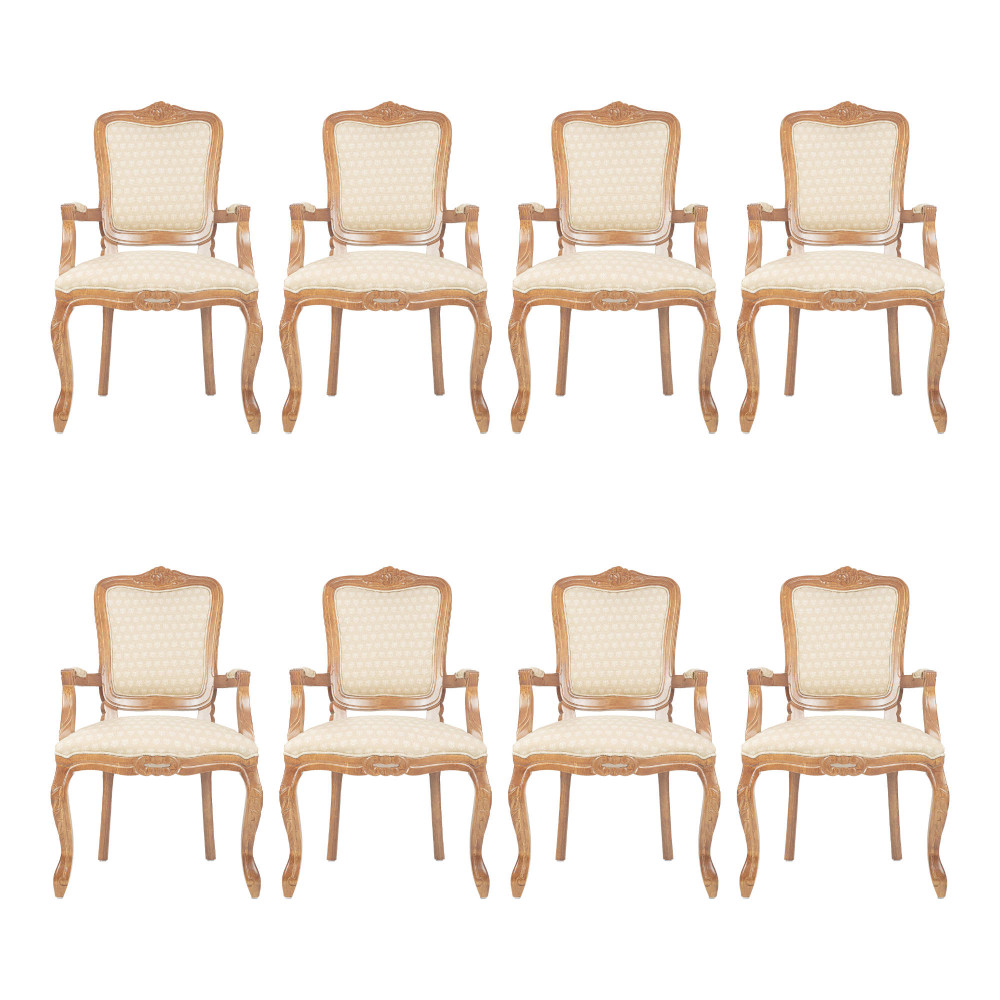 Conjunto 8 Cadeiras Luis Xv com Braço Imbuia Encosto Liso Linho