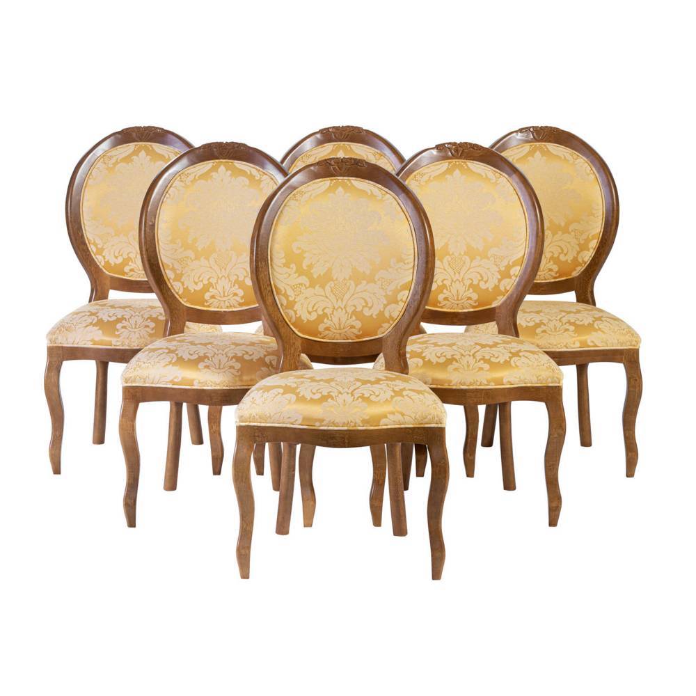 Conjunto 6 Cadeiras Medalhão de Madeira Imbuia Tecido Dourado