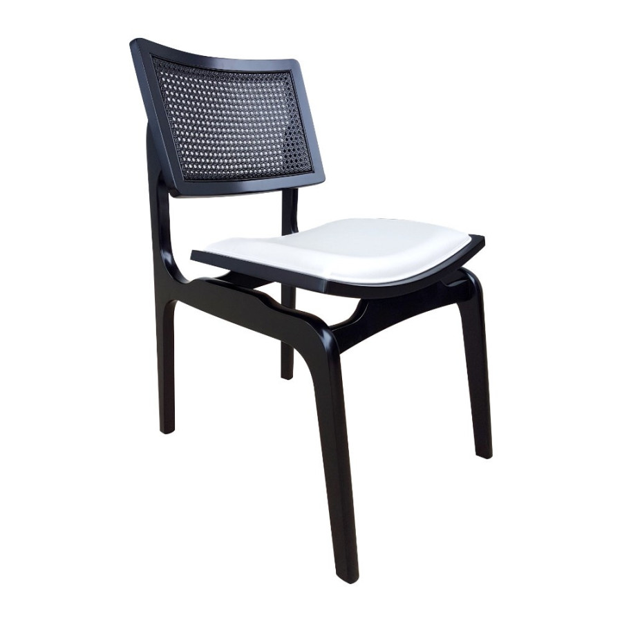 Cadeira de Jantar de Madeira Preto Estofada Tecido Facto Branco e Encosto Palhinha Preto