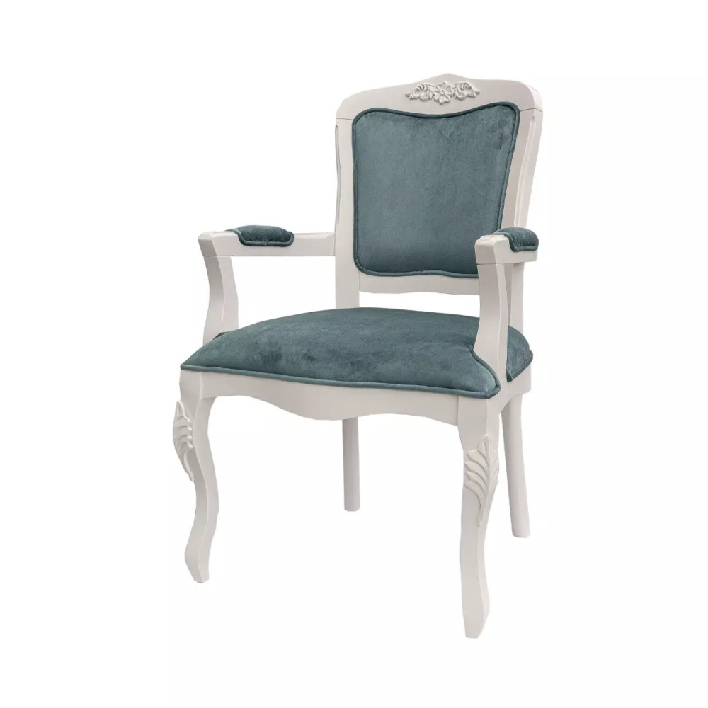 Cadeira de Madeira Entalhada e Estofada com Braço Cor Branco