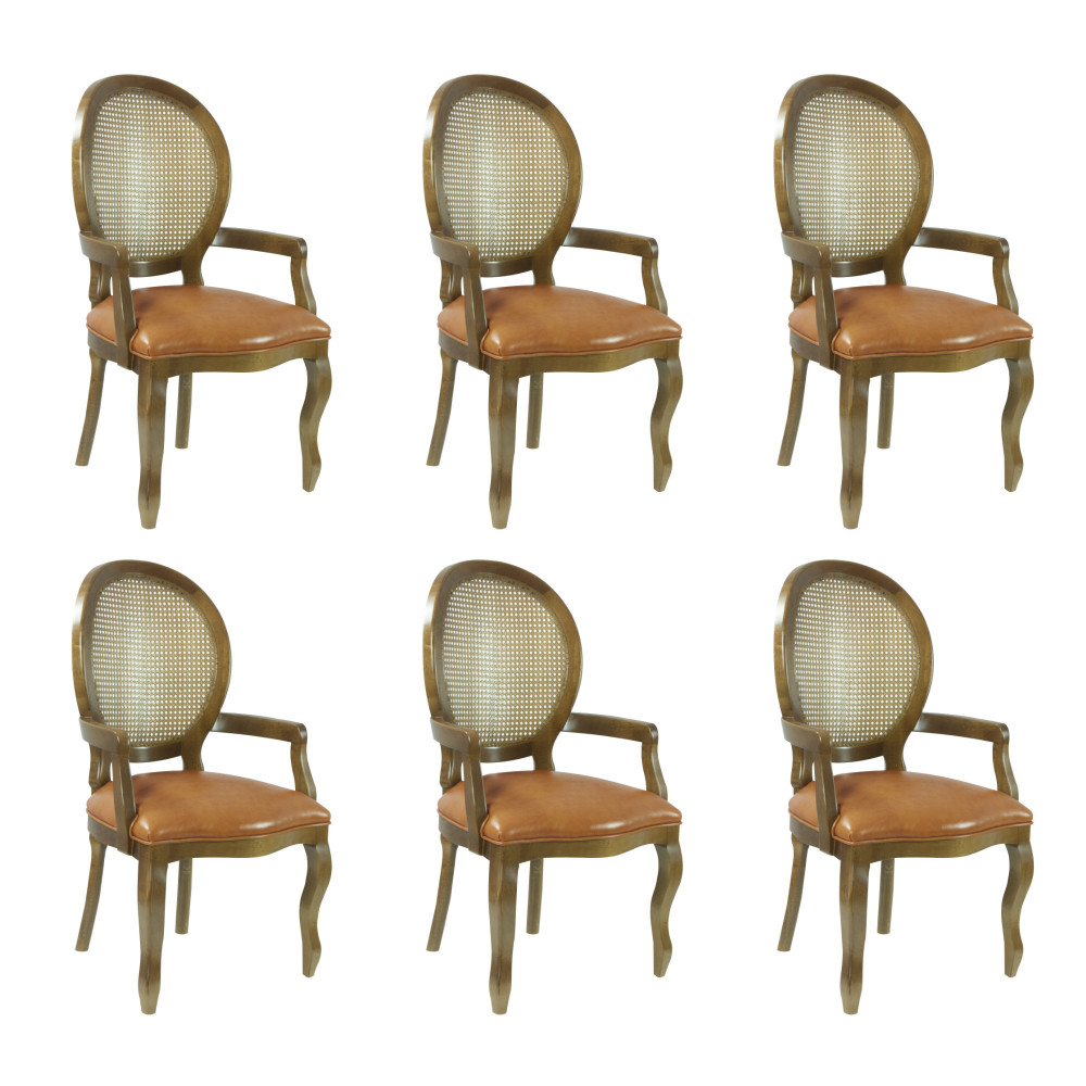 Conjunto 6 Cadeiras com Braço Medalhão Imbuia Encosto Palha