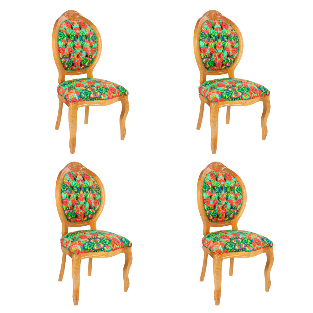 Conjunto 4 Cadeiras Estofada Medalhão Mel Entalhado Tecido Floral
