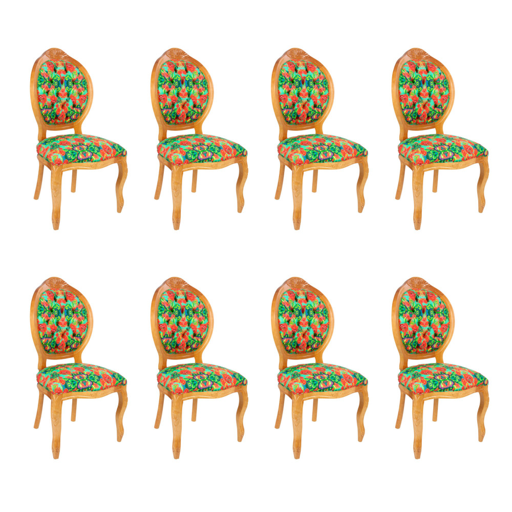 Conjunto 8 Cadeiras Estofada Medalhão Mel Entalhado Tecido Floral