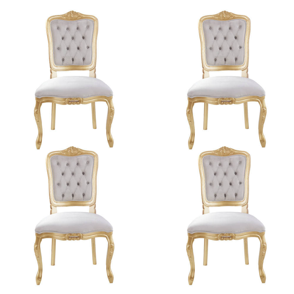 Conjunto 4 Cadeiras Luis Xv Madeira Estofada Dourado com Veludo